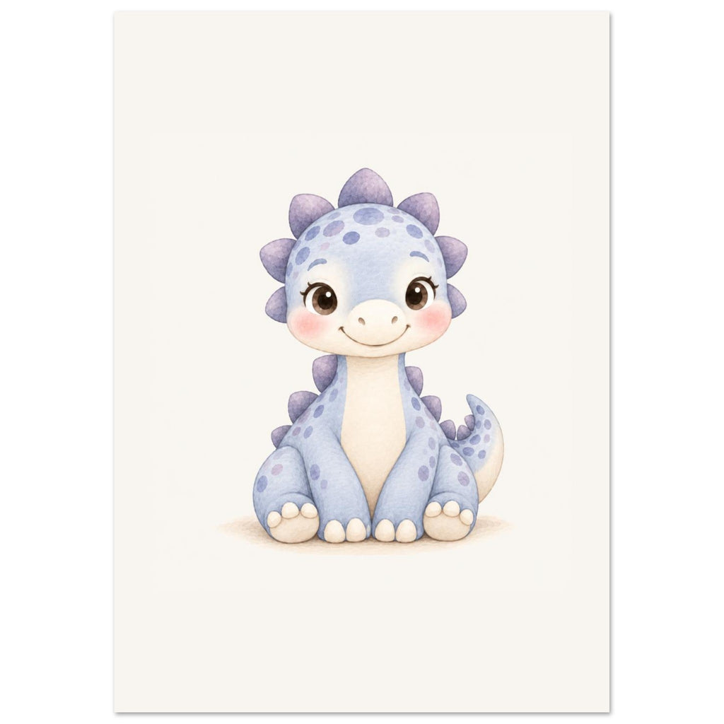 Poster van de blauwe babydino aan de muur, in warme, natuurlijke tinten