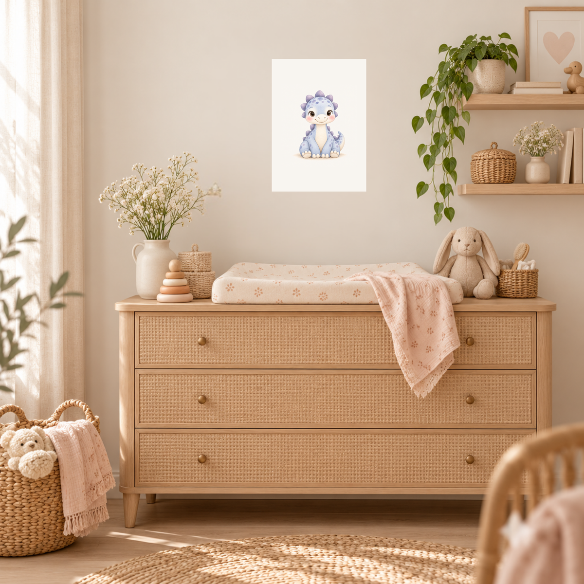 Blauwe babydino als poster in een babykamer met houten meubels en daglicht