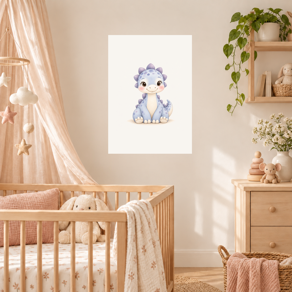 Poster blauwe babydino boven het bedje in een rustige babykamer