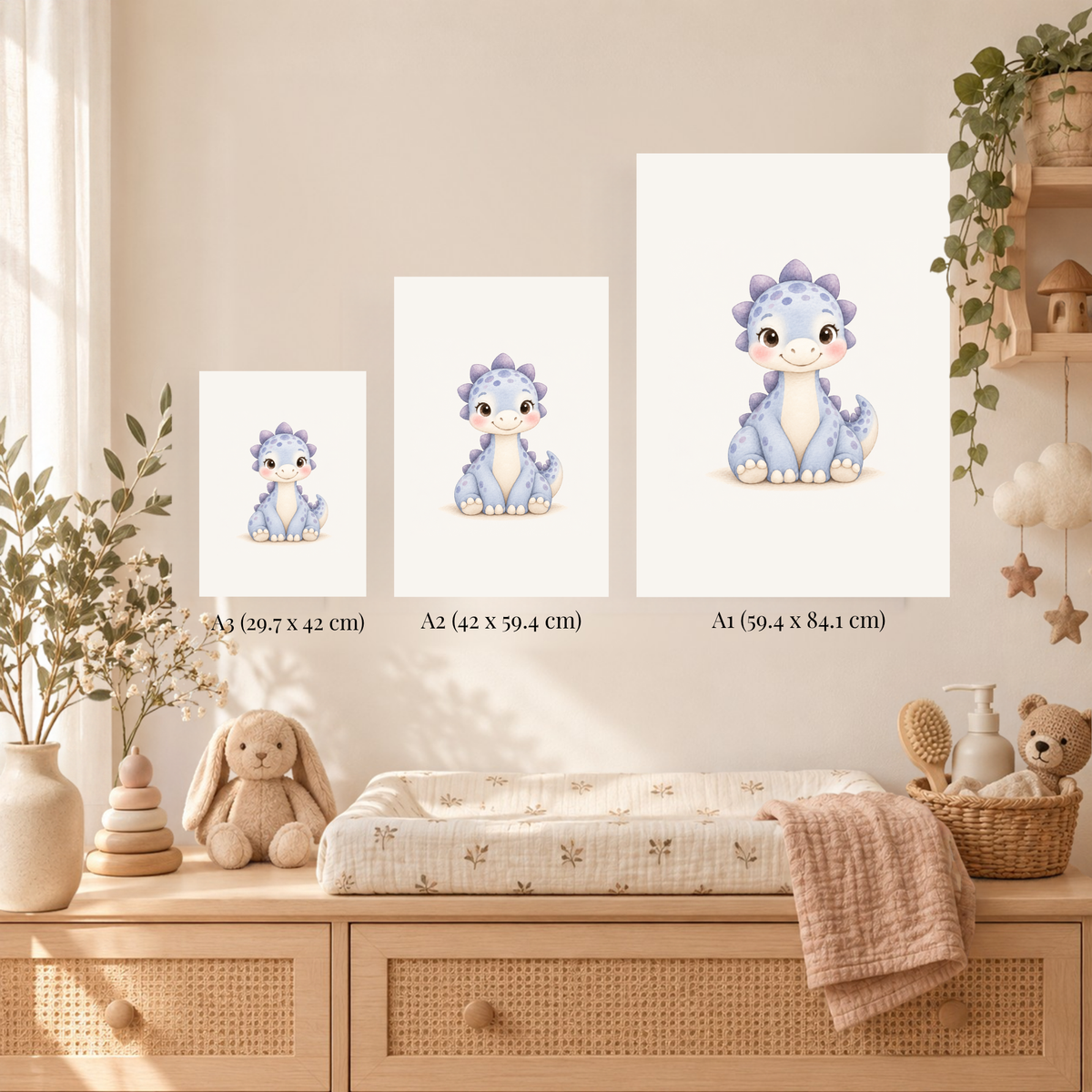 Poster blauwe babydino in een zachte kinderkamer met linnen en rotan
