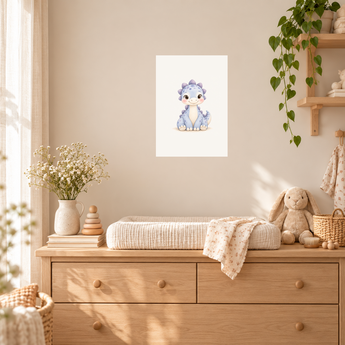 Poster blauwe babydino in een babykamer, met het dinootje goed zichtbaar aan de muur