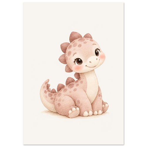 Babykamer poster met een lieve babydino in oudroze, met blosjes en zachte stekeltjes