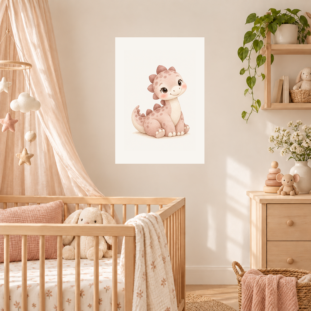Babydino in oudroze als poster in een babykamer met houten meubels en daglicht