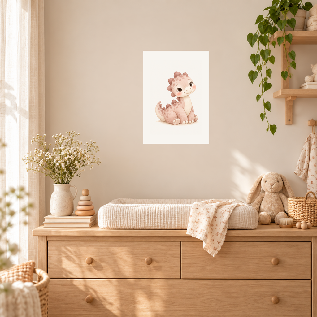 Poster babydino in een zachte kinderkamer met linnen en rotan