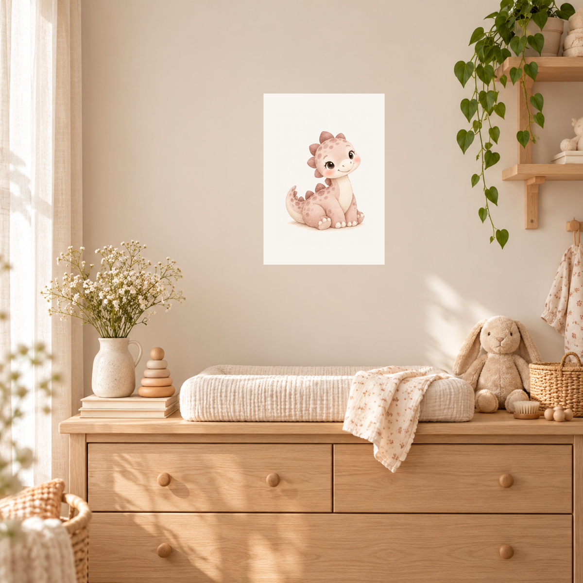 Poster babydino in een zachte kinderkamer met linnen en rotan