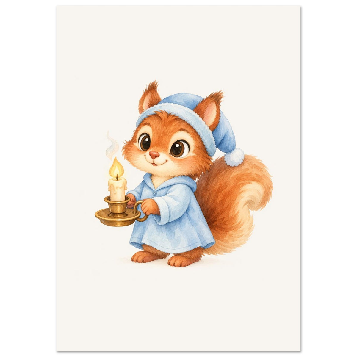 Dierenposter eekhoorntje in roestbruin en stoffig blauw, voor een neutrale babykamer
