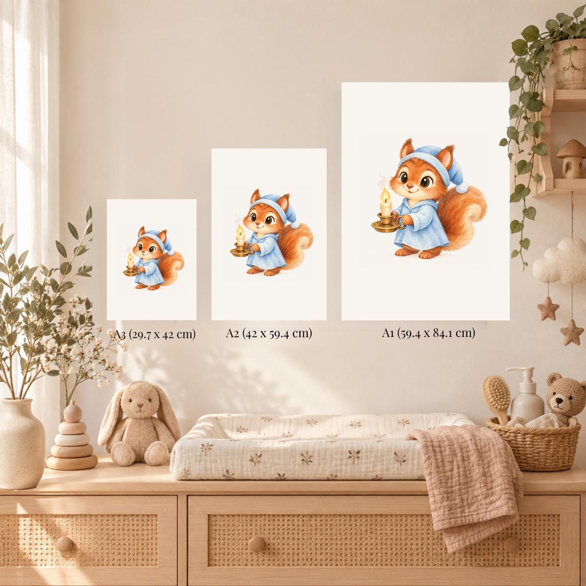 Poster eekhoorntje met kaarsje boven het bedje in een rustige babykamer