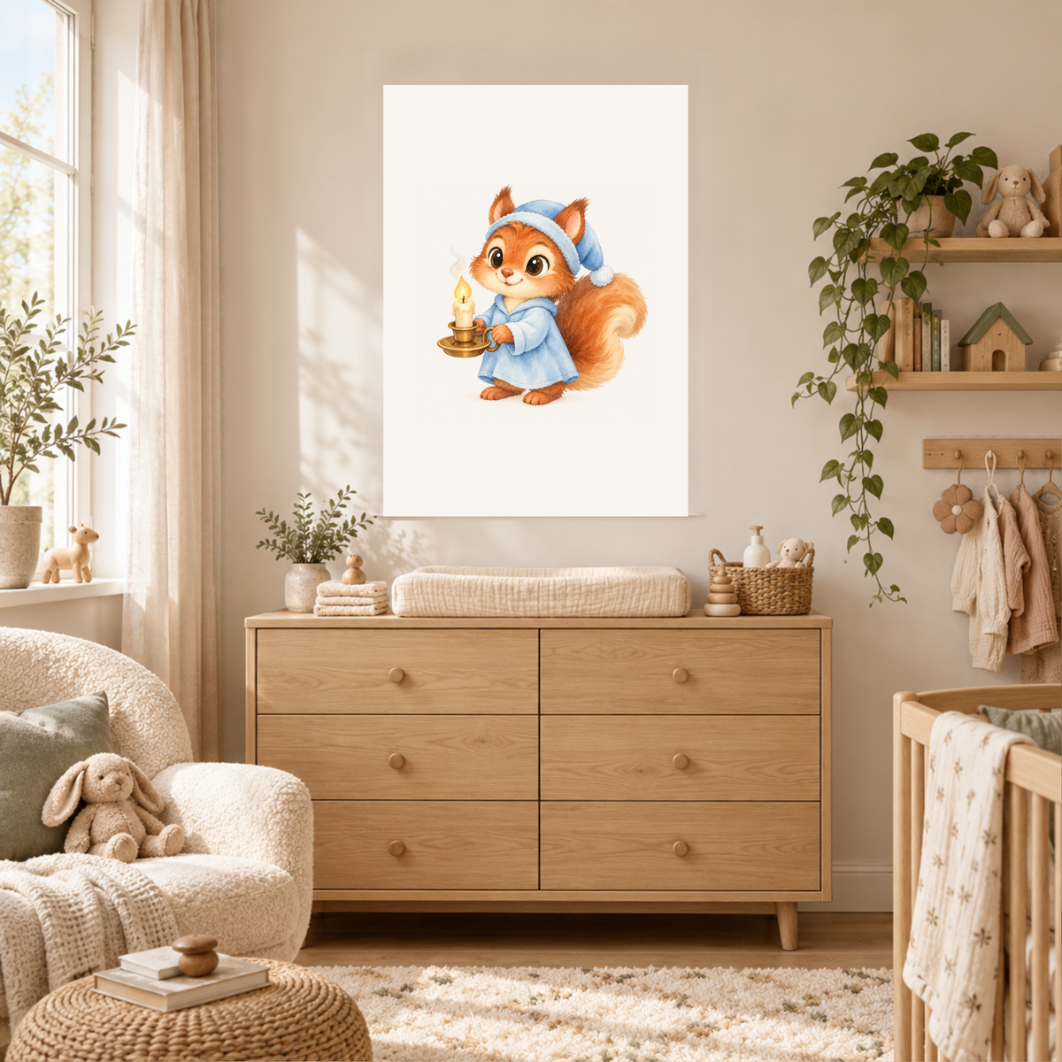 Poster eekhoorntje met kaarsje in een zachte kinderkamer met linnen en rotan