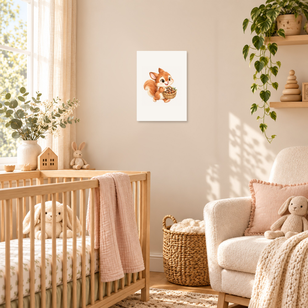 Eekhoorntje met mandje als poster in een babykamer met houten meubels en daglicht