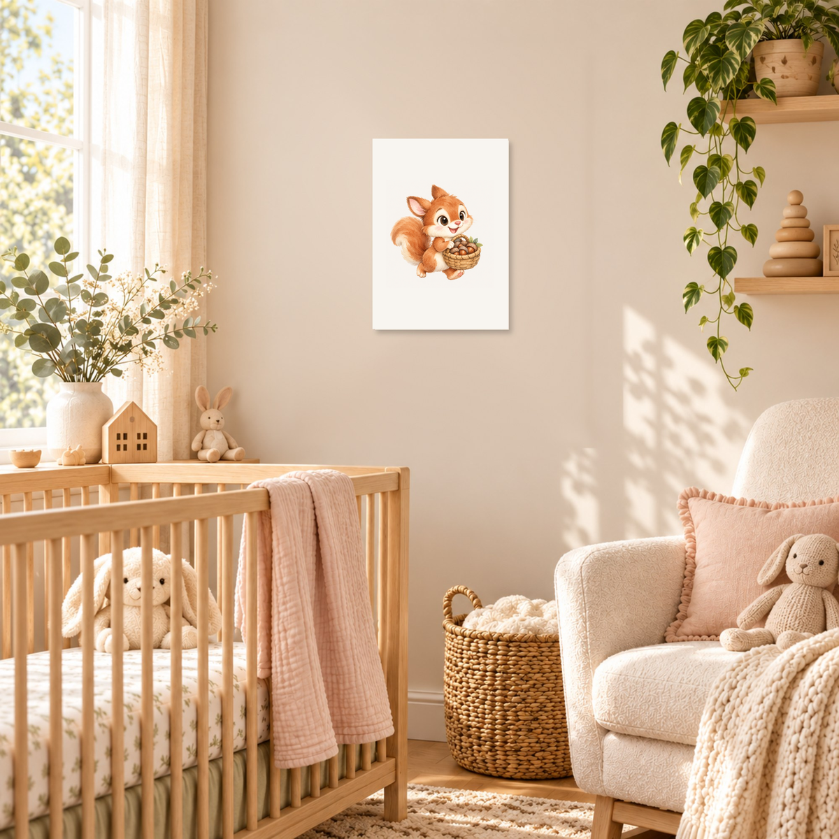Eekhoorntje met mandje als poster in een babykamer met houten meubels en daglicht