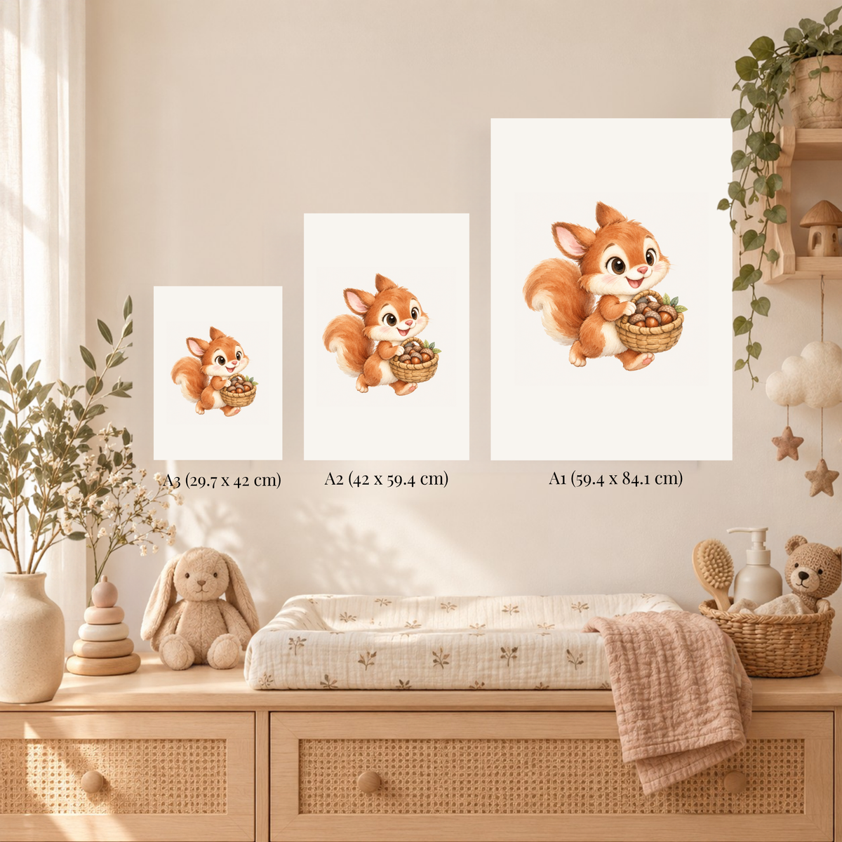Poster eekhoorntje met mandje eikels in een zachte kinderkamer met linnen en rotan