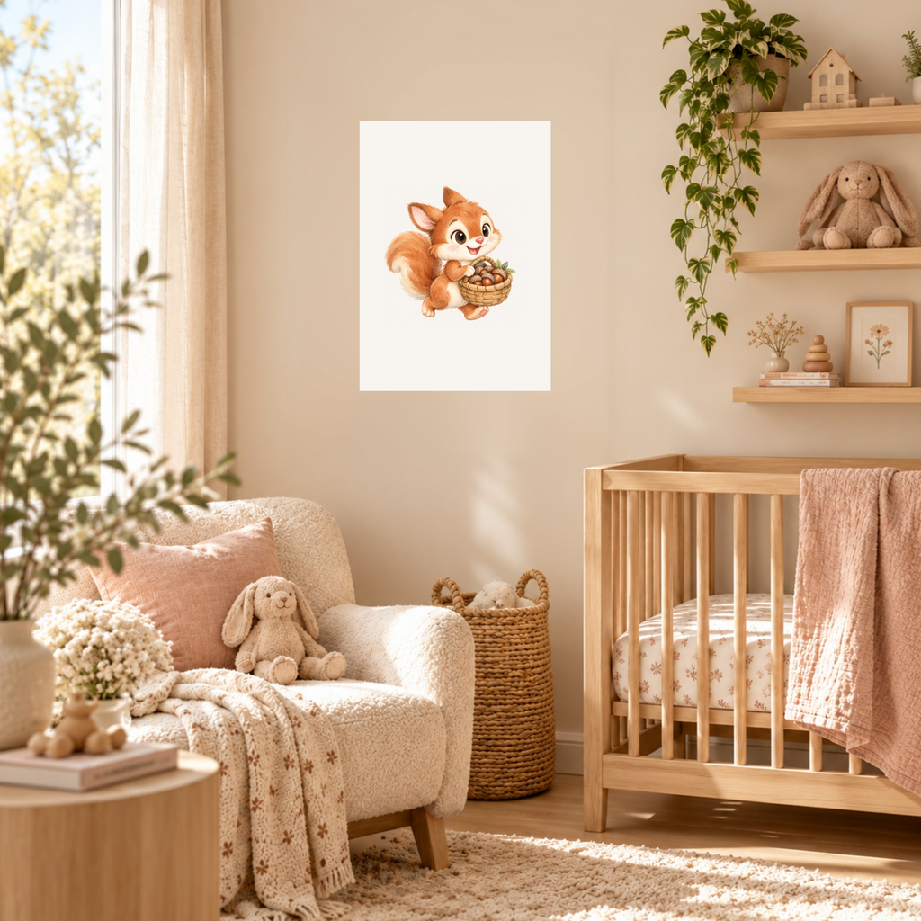 Poster eekhoorntje met mandje eikels in een babykamer, met het eekhoorntje goed zichtbaar aan de muur