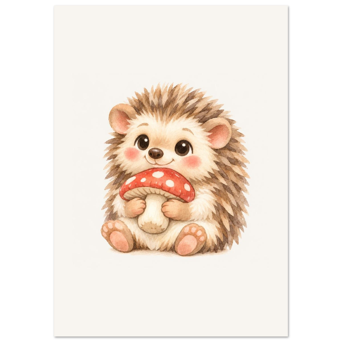 Dierenposter egeltje in beige en bruin met een paddenstoel, voor een neutrale babykamer