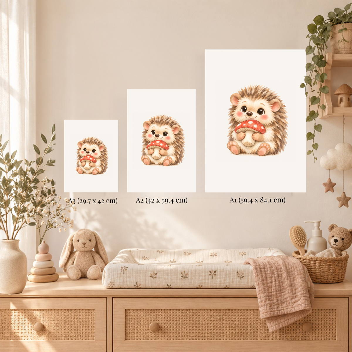 Poster egeltje met paddenstoel boven het bedje in een rustige babykamer