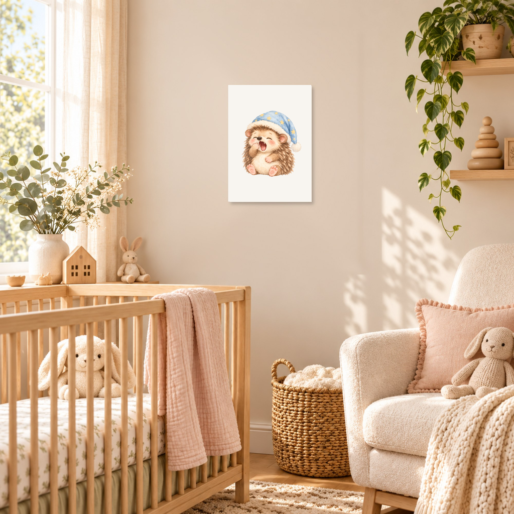 Egeltje met slaapmuts als poster in een babykamer met houten meubels en daglicht