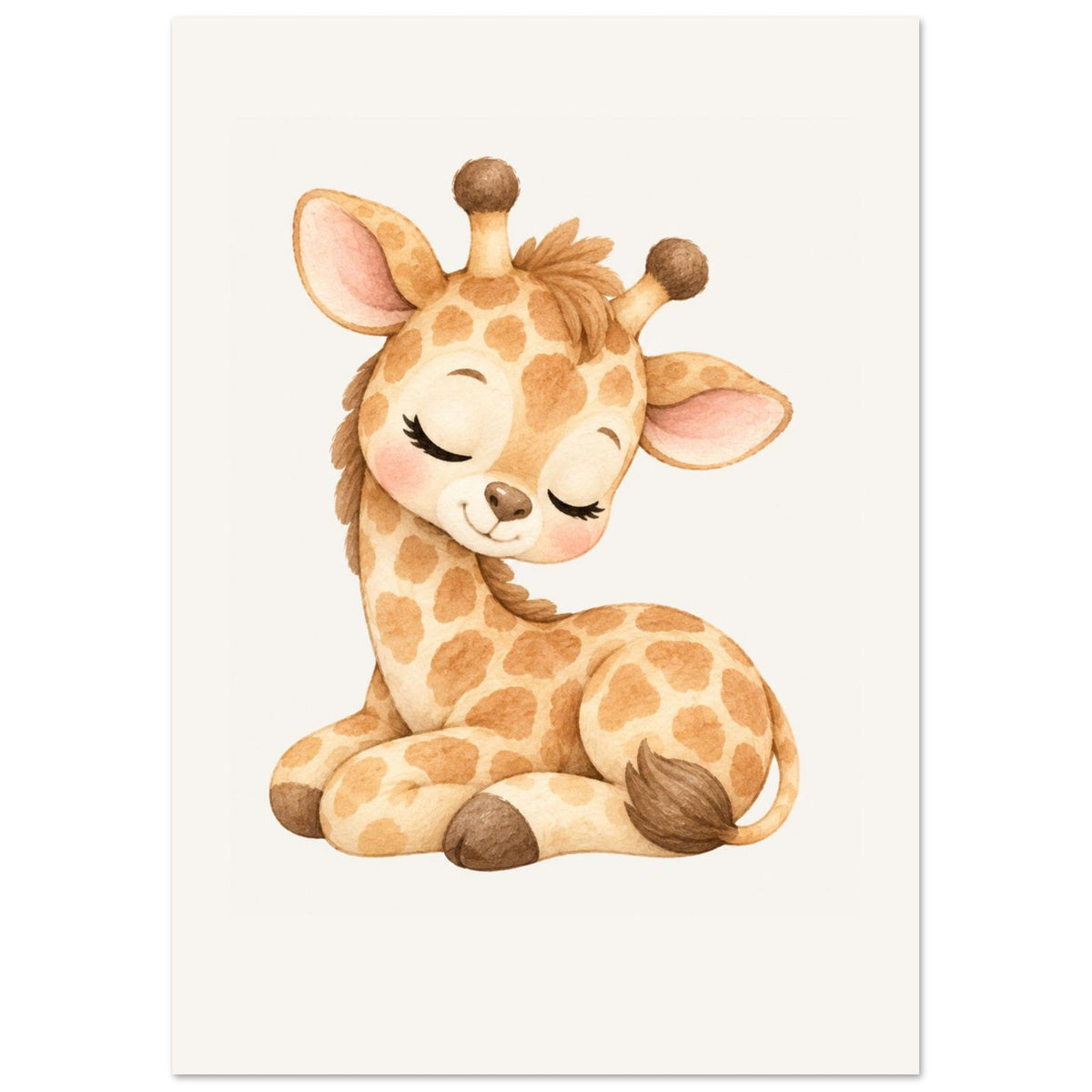 Babykamer poster met een slapende baby giraf in zacht beige, opgerold met de oogjes dicht