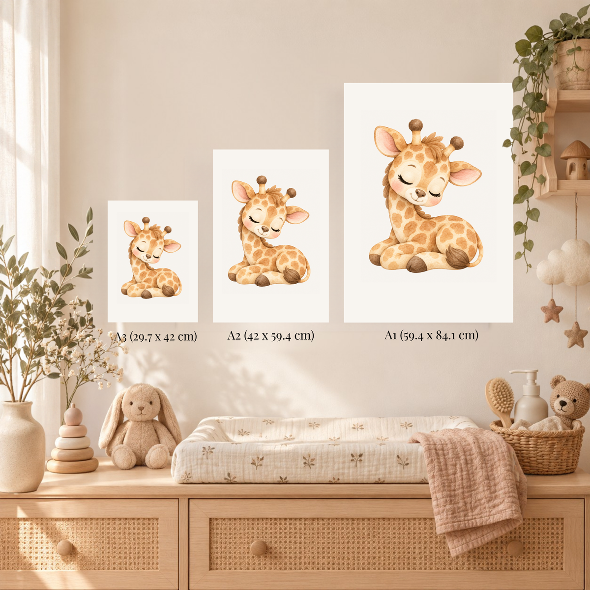 Poster van de slapende giraf in een lichte babykamer met houten meubels