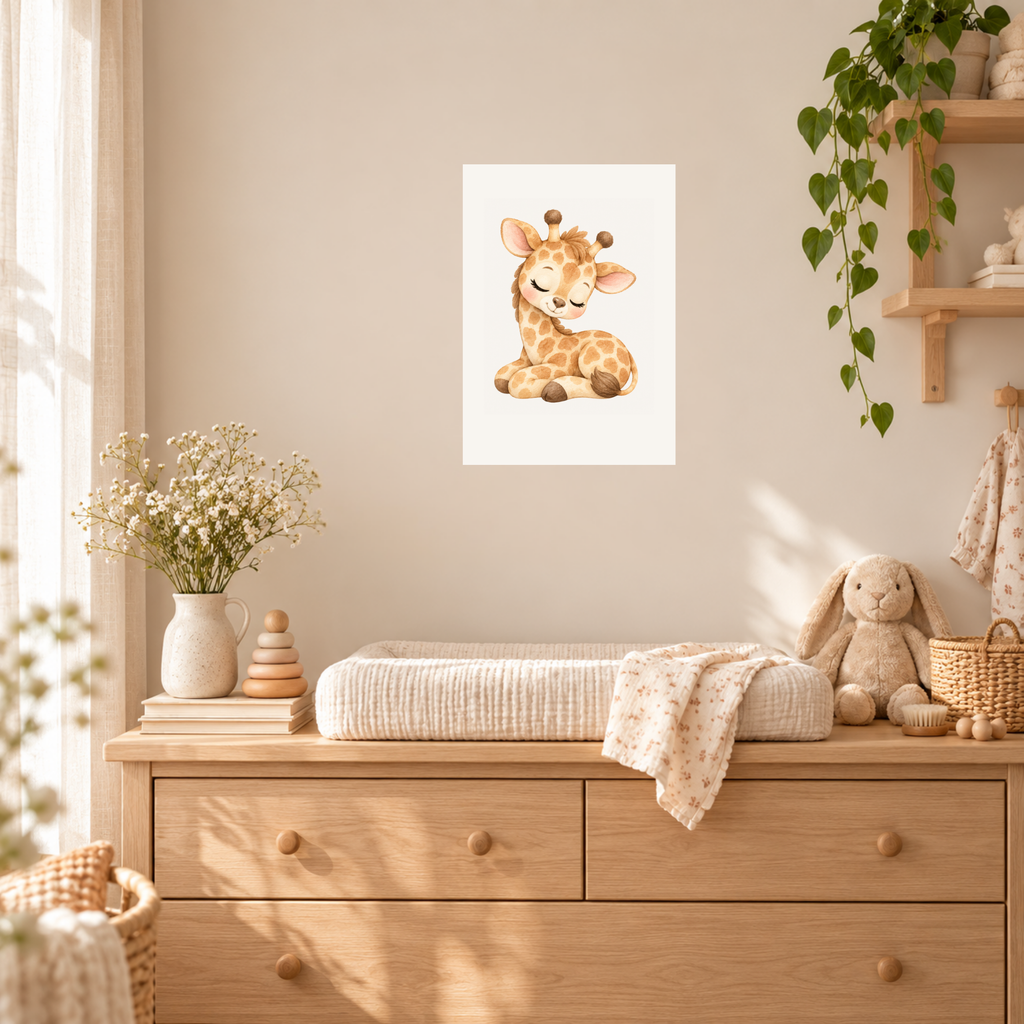 Poster slapende giraf aan de muur van een rustige babykamer in warme tinten