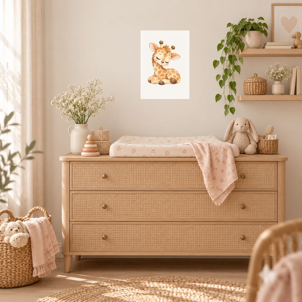 Slapende giraf als poster in een zonnige babykamer met hout en riet