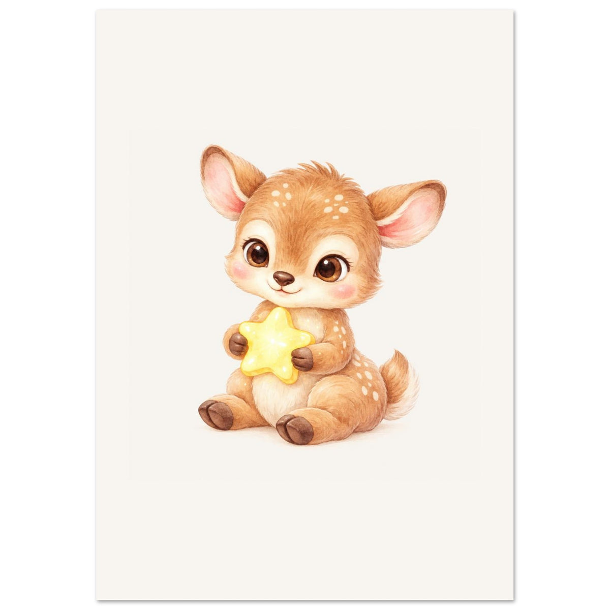 Babykamer poster met een jong hertje dat een gouden ster vasthoudt, in zacht beige