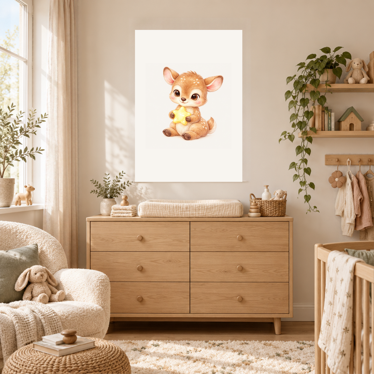 Hertje met gouden ster als poster in een babykamer met houten meubels en daglicht