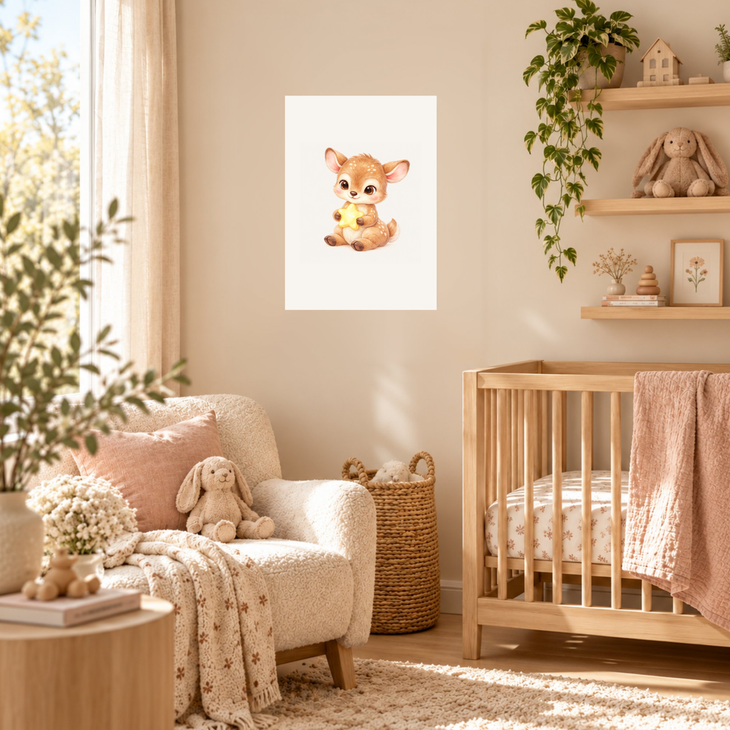 Poster hertje met gouden ster boven het bedje in een rustige babykamer