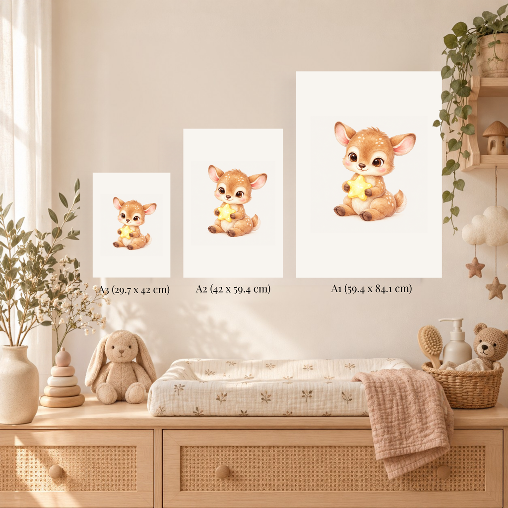 Poster hertje met gouden ster in een babykamer, met het hertje goed zichtbaar aan de muur