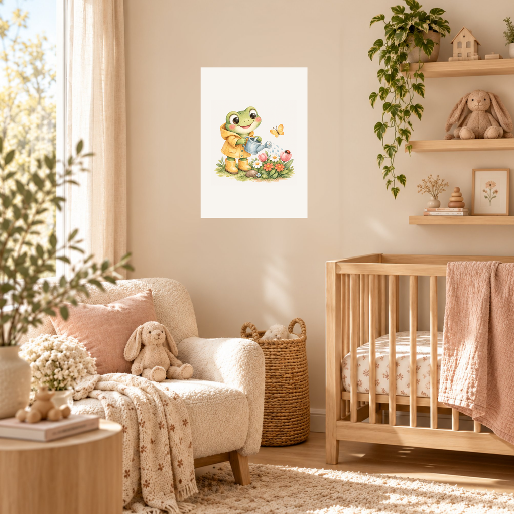 A1-poster van het kikkertje in de bloementuin boven een houten commode in een zonnige babykamer