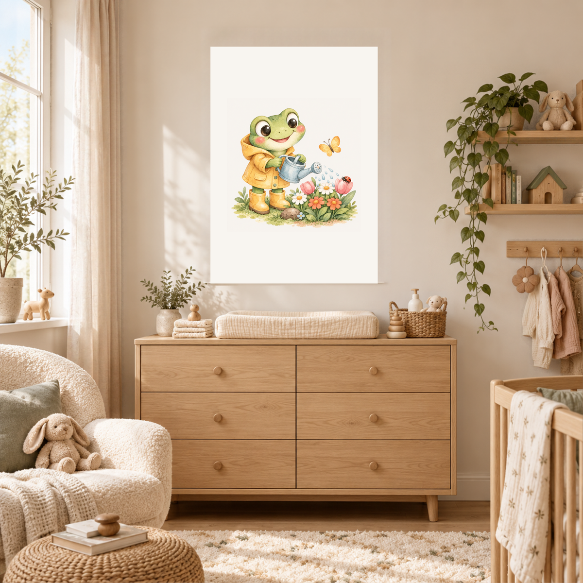A3-poster van het kikkertje in de bloementuin boven het bedje in een lichte babykamer
