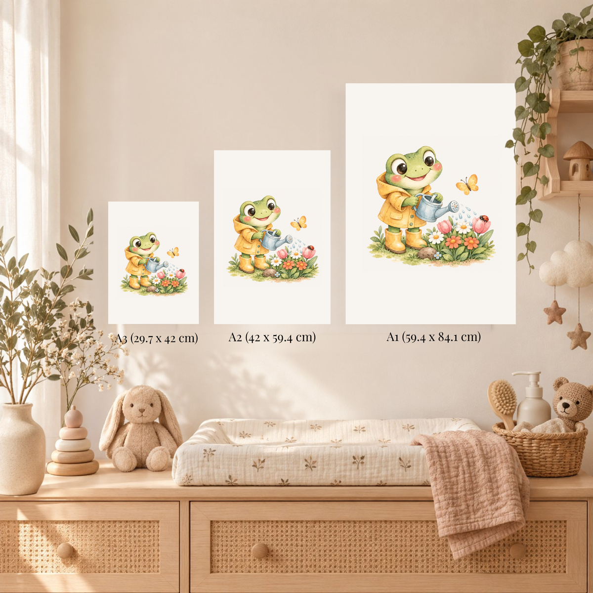 Het kikkertje in de bloementuin in A3, A2 en A1 naast elkaar aan de muur, zodat je de formaten kunt vergelijken