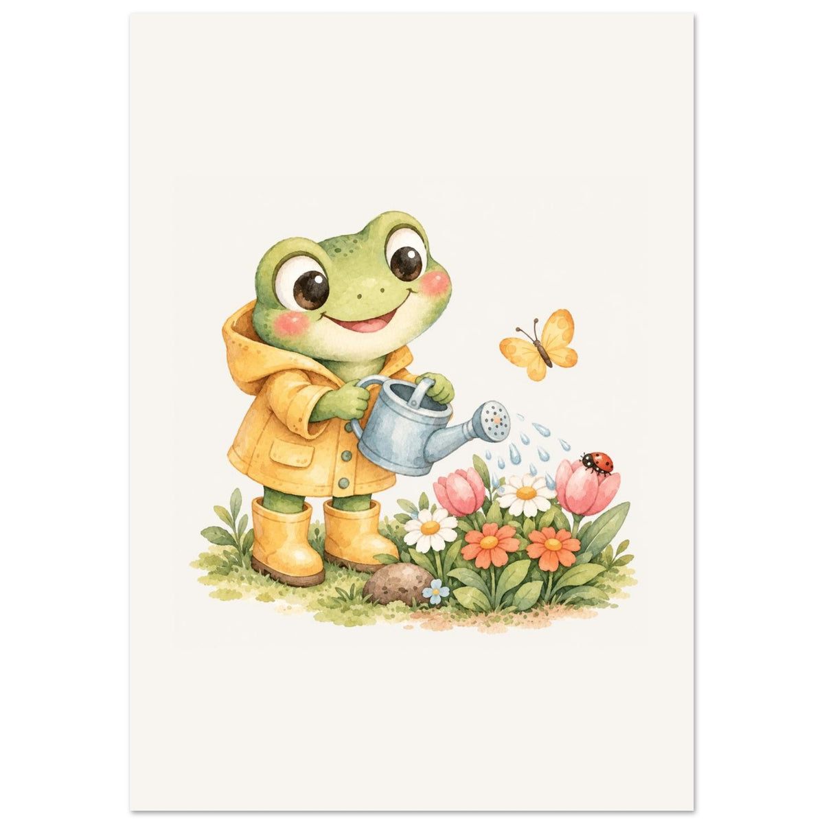 Babykamer poster met een kikkertje in een gele regenjas dat met een gieter de bloemen water geeft