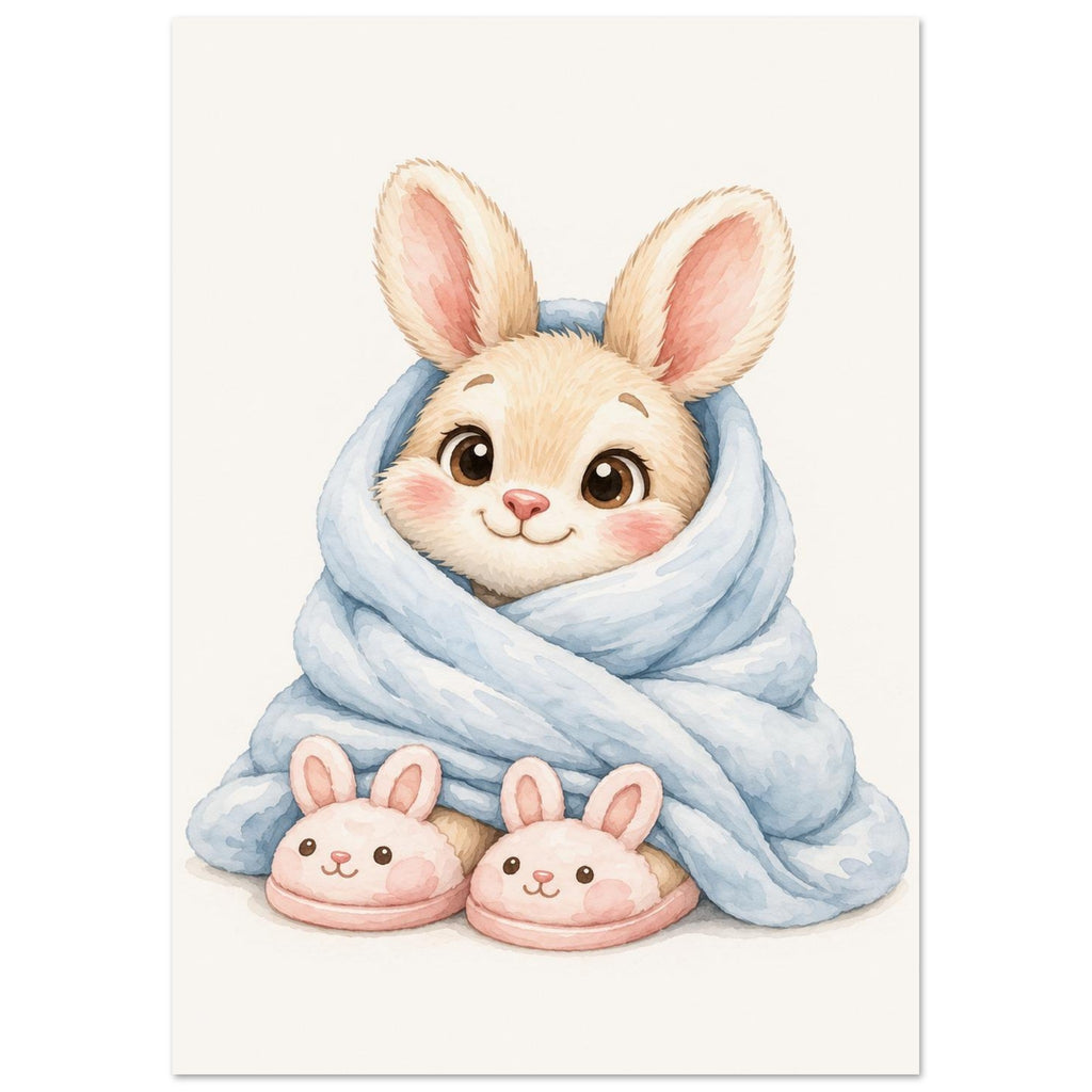 Poster van het konijntje in deken aan de muur, in warme, natuurlijke tinten
