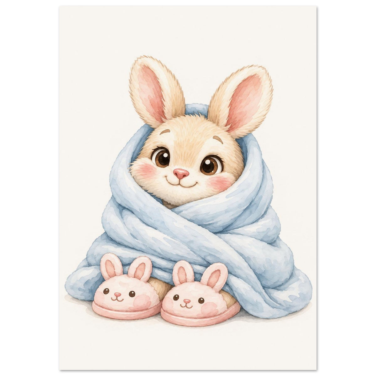Babykamer poster met een konijntje ingepakt in een blauwe deken, met roze konijnensloffen