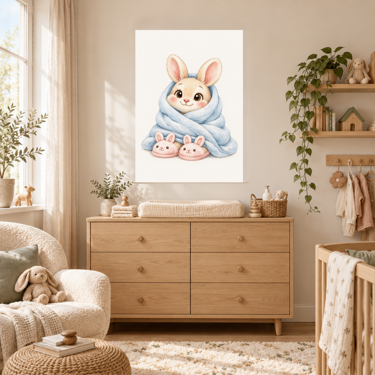 Konijntje in deken als poster in een babykamer met houten meubels en daglicht