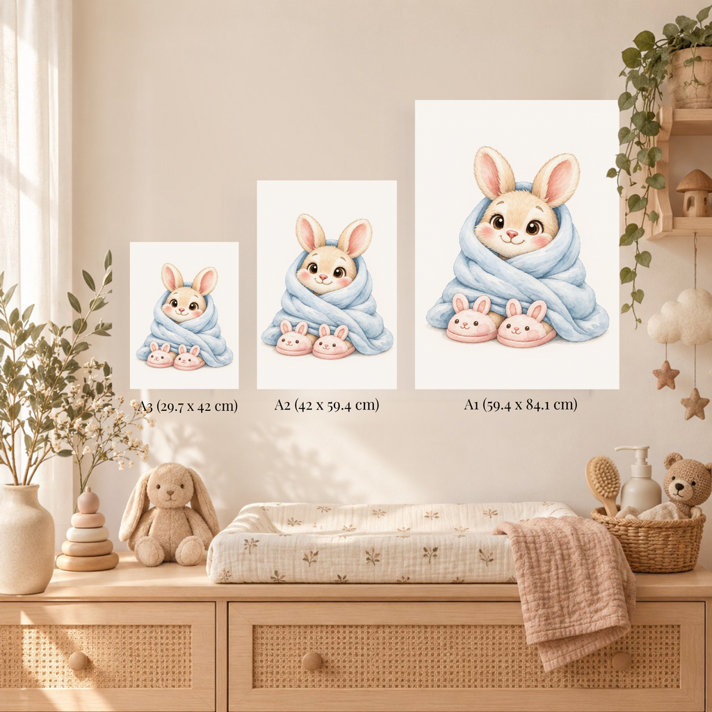 Poster konijntje in deken boven het bedje in een rustige babykamer