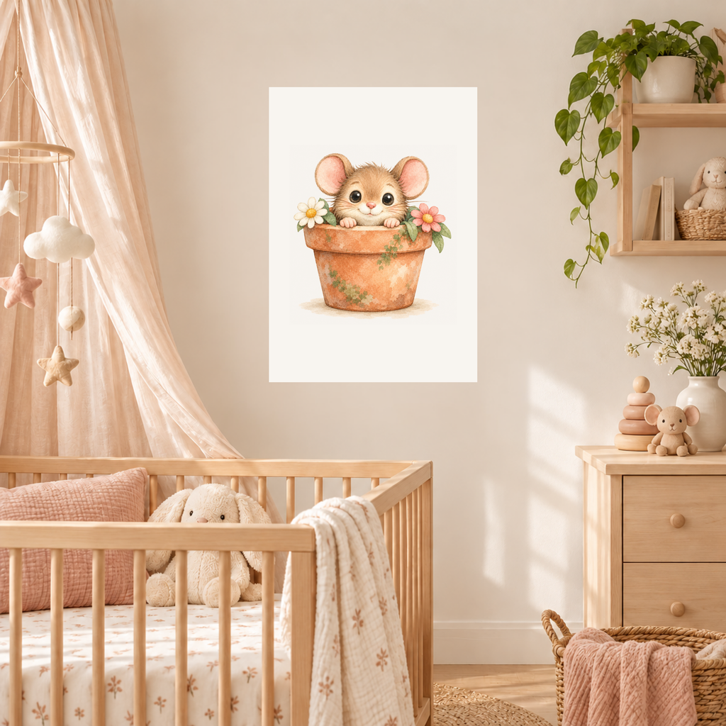 A2-poster van het muisje in de bloempot boven een lage houten commode met knuffels