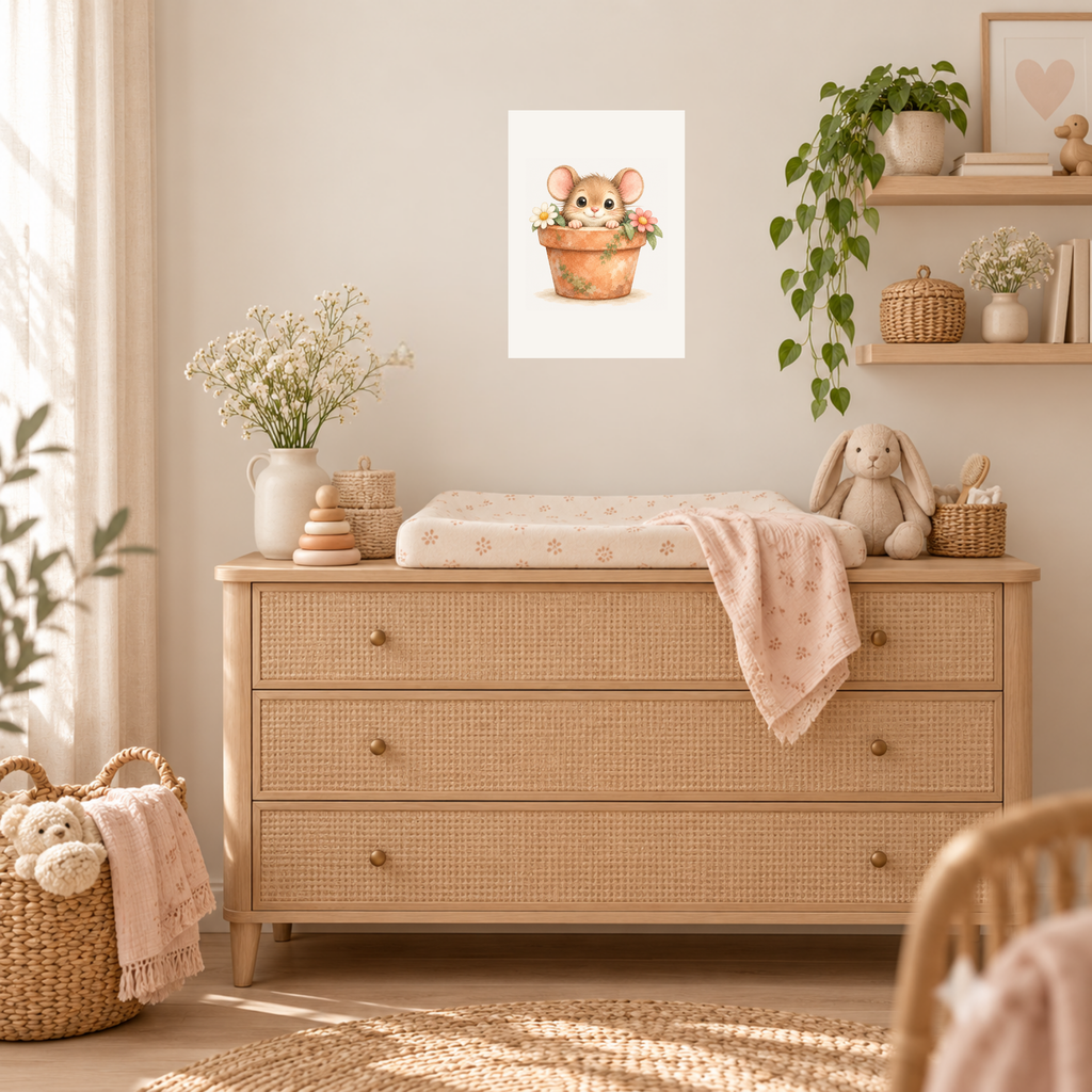 A3-poster van het muisje in de bloempot boven een houten commode met aankleedkussen