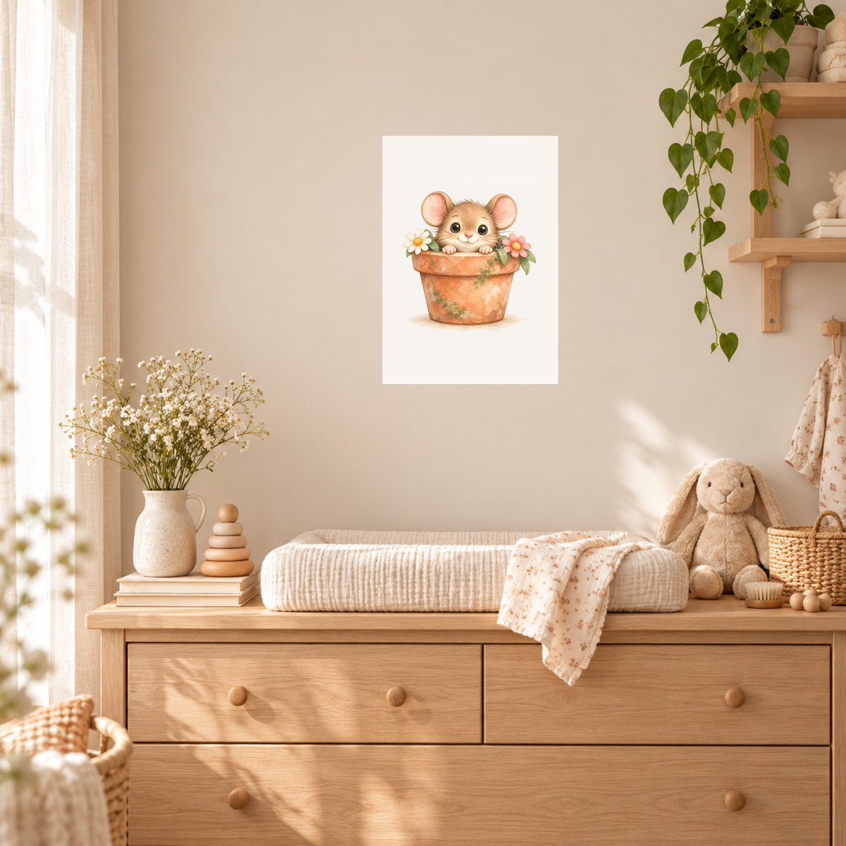 Het muisje in de bloempot in A3, A2 en A1 naast elkaar aan de muur, zodat je de formaten kunt vergelijken