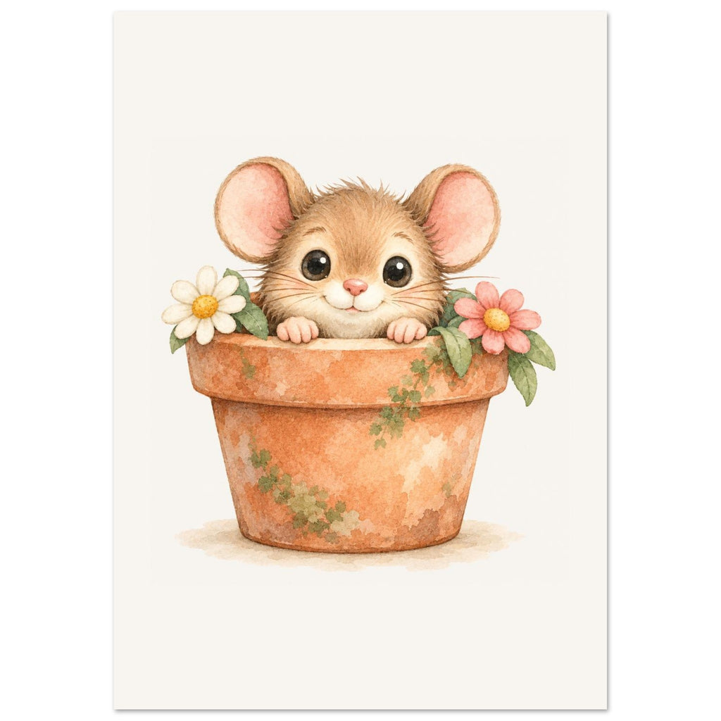 Poster van het muisje in de bloempot aan de muur, in warme, natuurlijke tinten