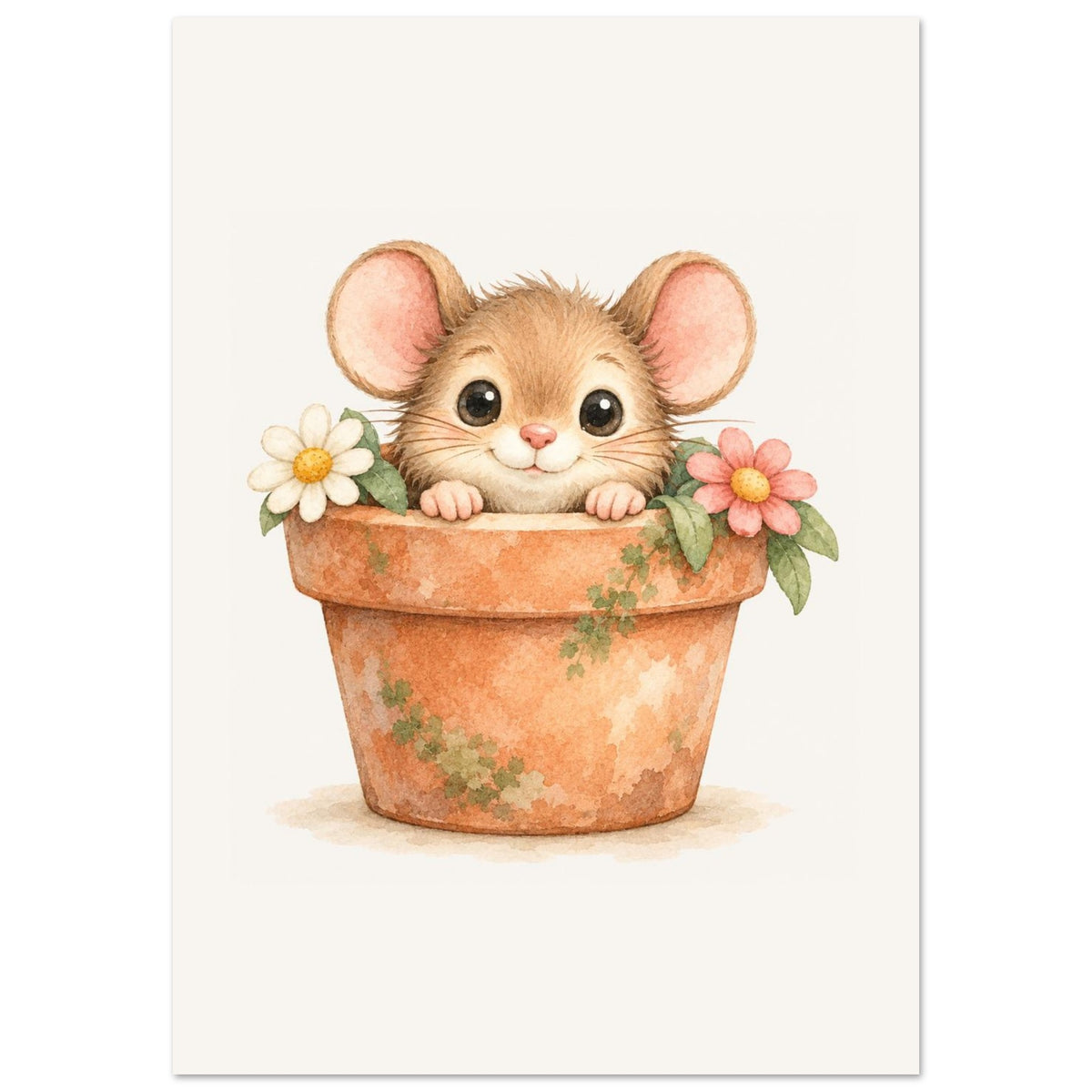 Dierenposter muisje in een terracotta bloempot met bloemetjes, voor een neutrale babykamer