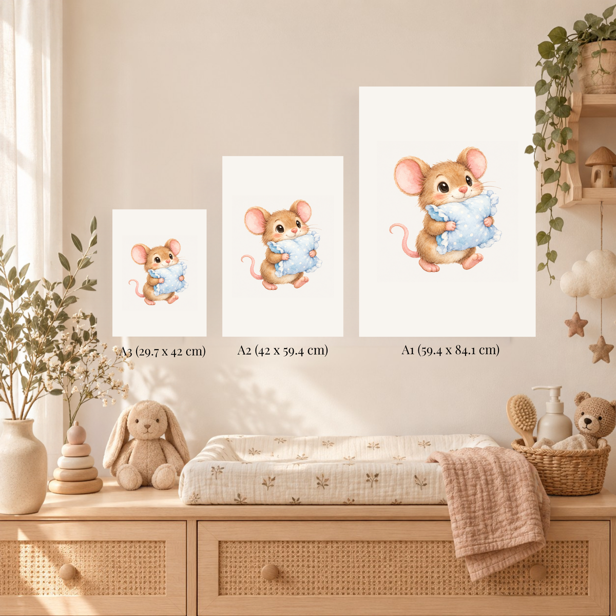 Muisje met kussen als poster in een babykamer met houten meubels en daglicht