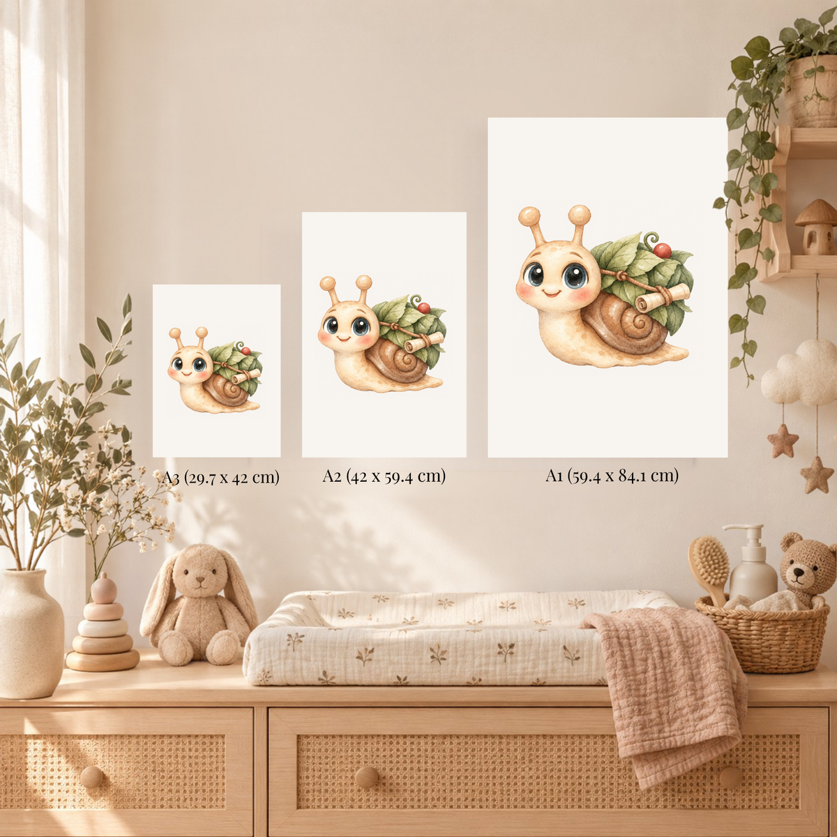 A1-poster van het slakje boven een houten commode in een zonnige babykamer
