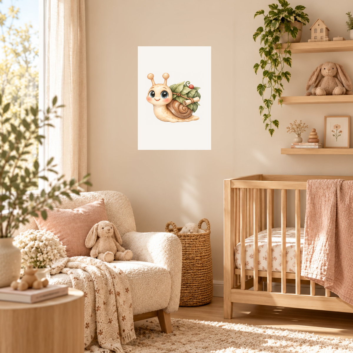A3-poster van het slakje met bladeren boven het bedje in een lichte babykamer