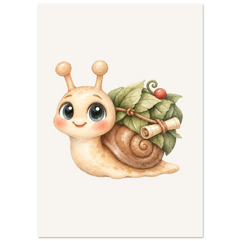 Dierenposter slakje in beige en saliegroen, voor een neutrale babykamer
