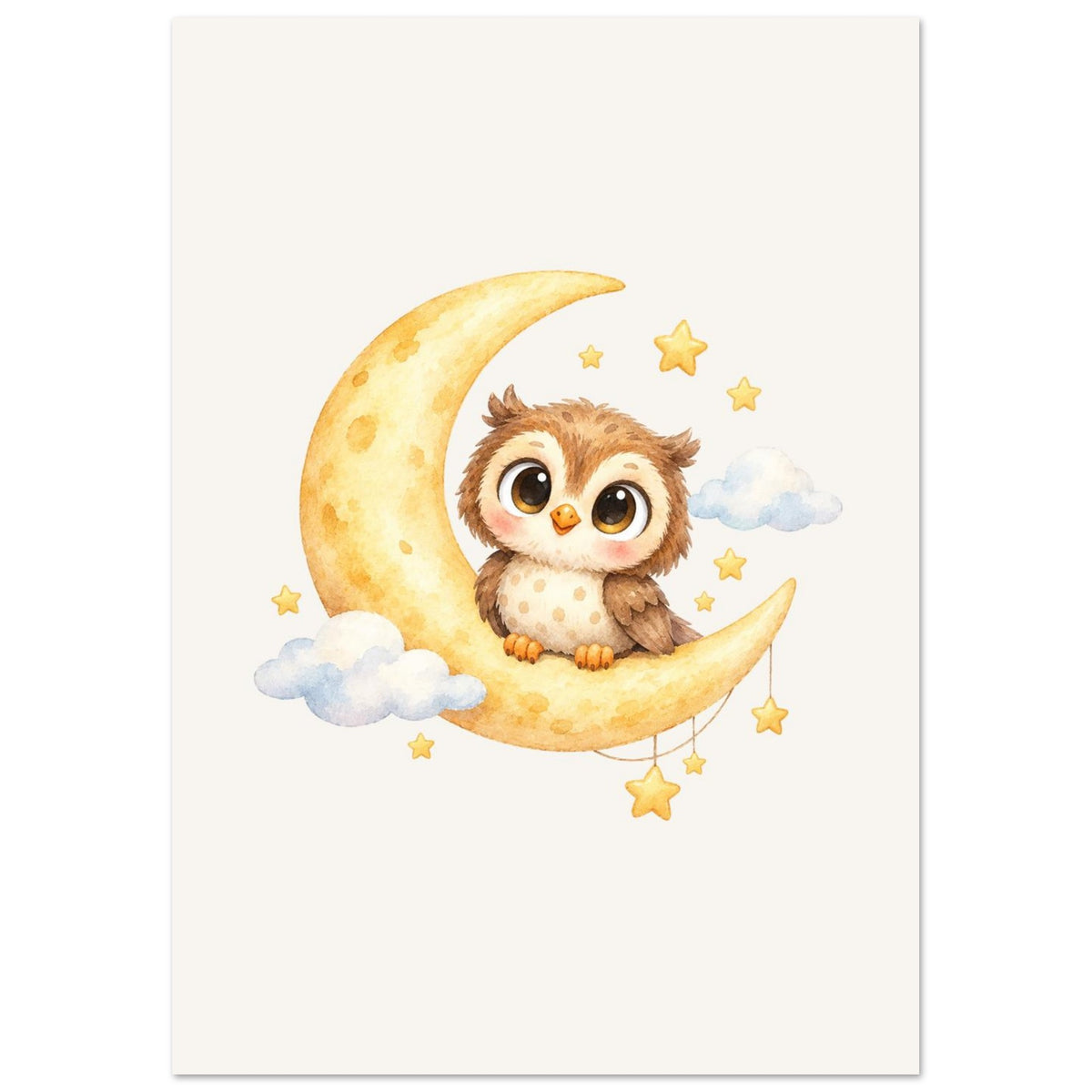 Poster van het uiltje op de maan aan de muur, in warme, natuurlijke tinten