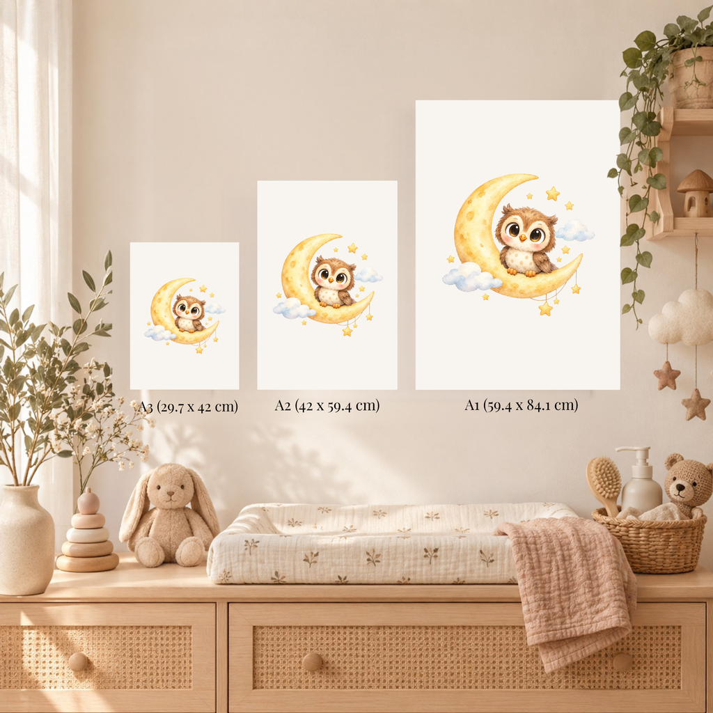 Uiltje op de maan als poster in een babykamer met houten meubels en daglicht