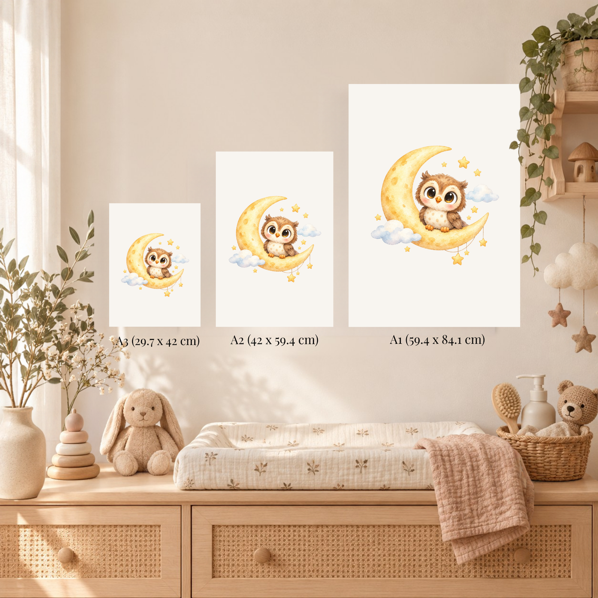Uiltje op de maan als poster in een babykamer met houten meubels en daglicht