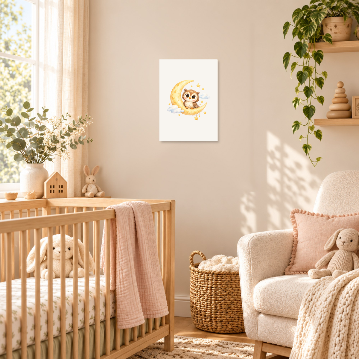 Poster uiltje op de maan boven het bedje in een rustige babykamer