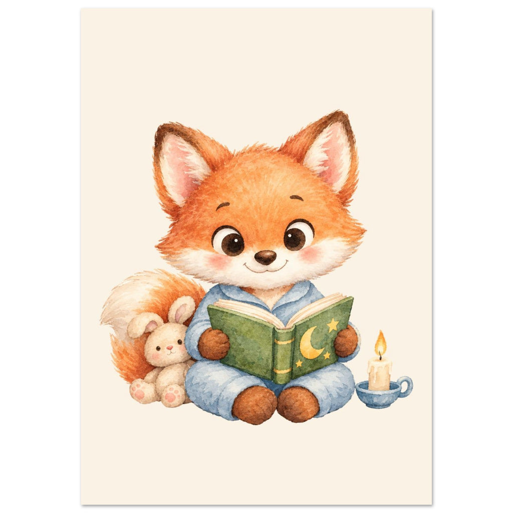 Dierenposter vosje met knuffelkonijn en kaarsje, voor een neutrale babykamer