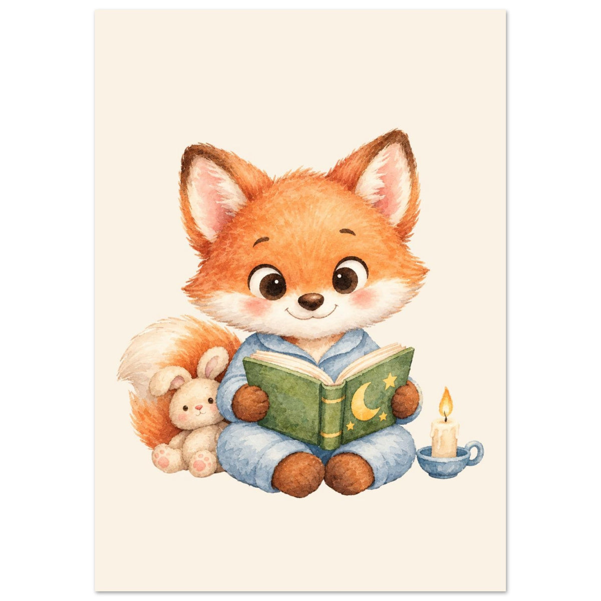 Dierenposter vosje met knuffelkonijn en kaarsje, voor een neutrale babykamer